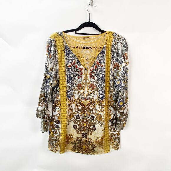 World Unity XXL Plus Womens Yellow Boho Print Multicolor Bell Sleeve Top - Picture 6 of 8